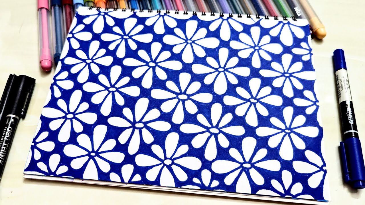 Easy Floral Pattern Drawing | Blue & White Aesthetic Design | Relaxing Doodle Art Tutorial