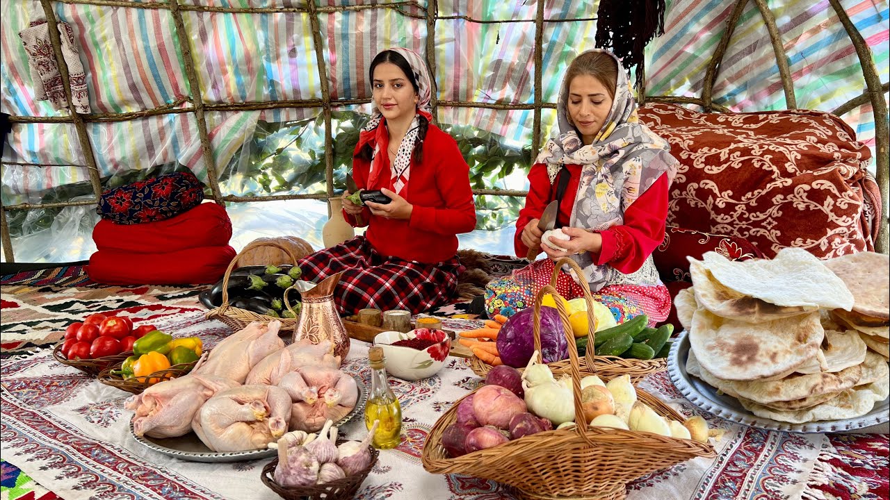 Повседневная жизнь в кочевом шатре: приготовление жареной курицы и плова на природе