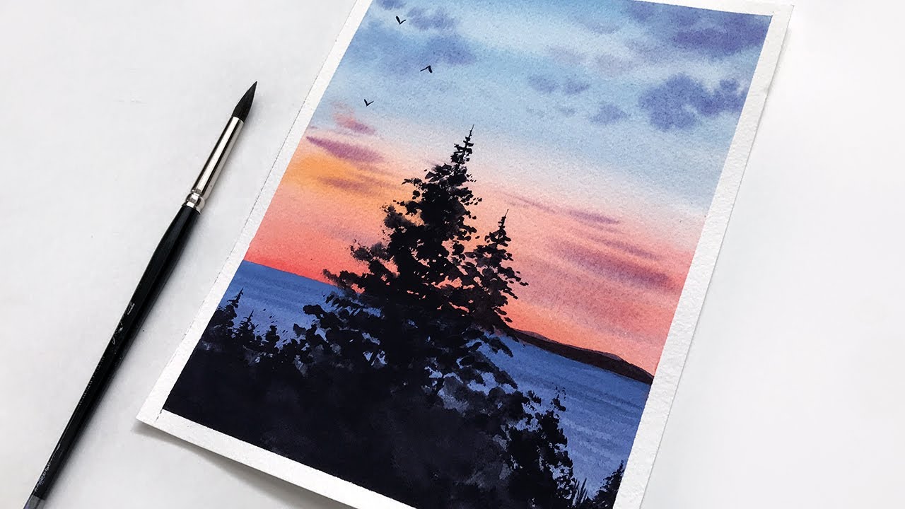  Watercolor  Painting  Sunset Trees Watercolor  Painting  