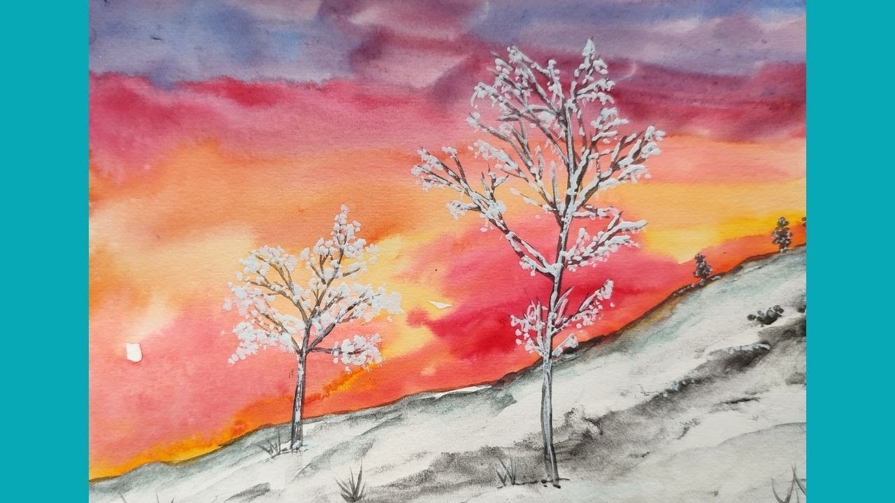 Comment peindre à la gouache - débutant - PAYSAGE FACILE - coucher de  soleil sur la montagne 