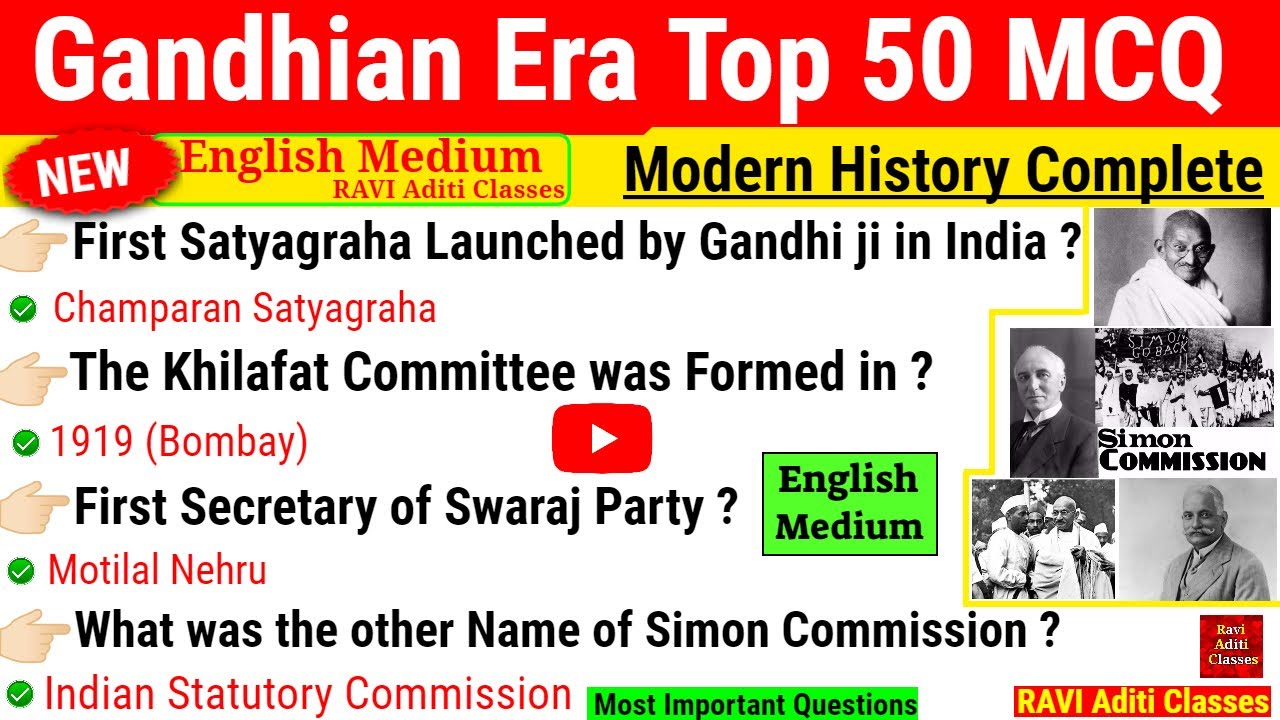 Gandhian Era Important MCQ | Gandhian Era Top 50 MCQ in English | Modern History important questions