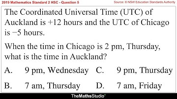 2019 Maths Standard 2 HSC Q5 Find time difference between 2 cities given their UTC time zones