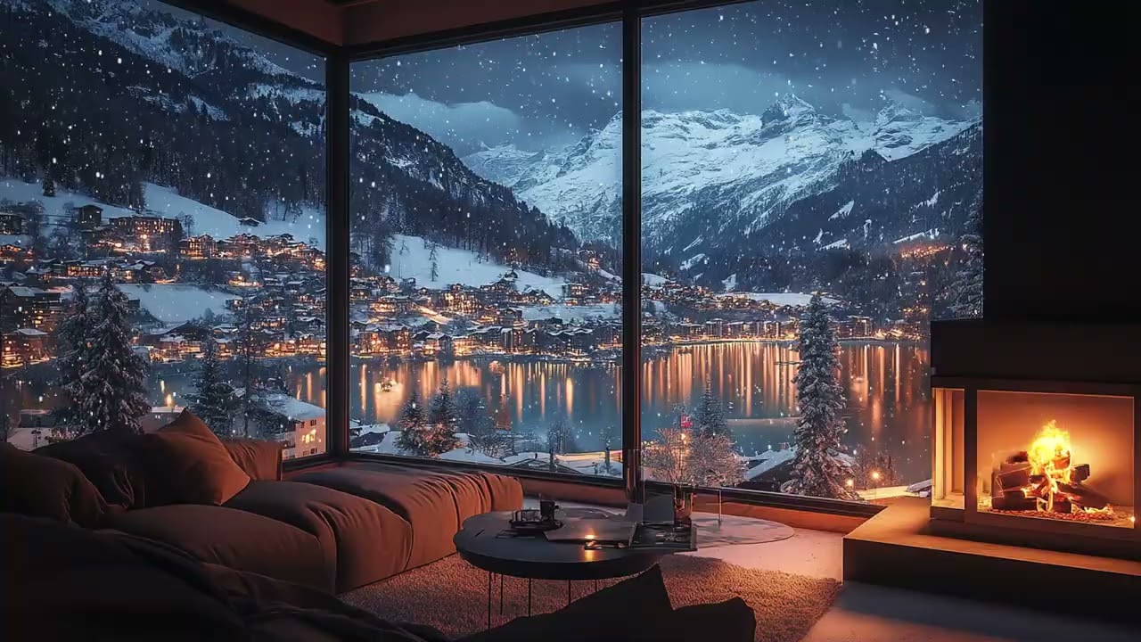 Cozy Winter Night by a Snowy Mountain Lake ❄️ Falling Snow Ambience & Warm Fireplace
