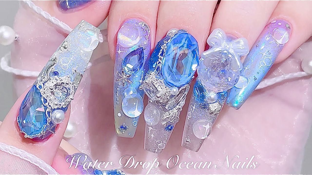 sub) Ногти с прозрачной водой и каплями моря!💙✨/🇰🇷Корейский маникюр / Нейл-арт / ASMR