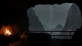Overcome Stress to Sleep Instantly with Heavy Rainstorm & Bonfire at Night in a Deep Valley Cave