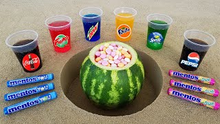 Experiment !! Watermelon VS Cola, Pepsi, Mtn Dew, Fanta, Sprite, Fruko and Fruit Mentos Underground