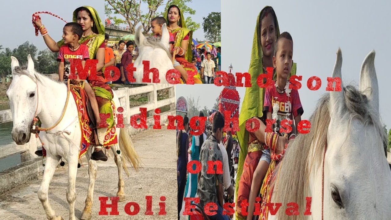 Mother and son riding horse on holi(Dola Purnima)
