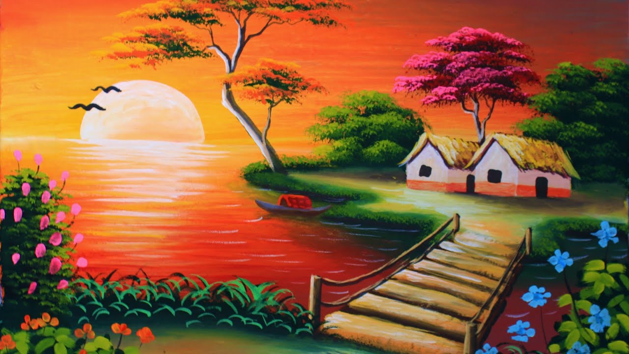 Indian village scenery drawing and painting | village scenery ...