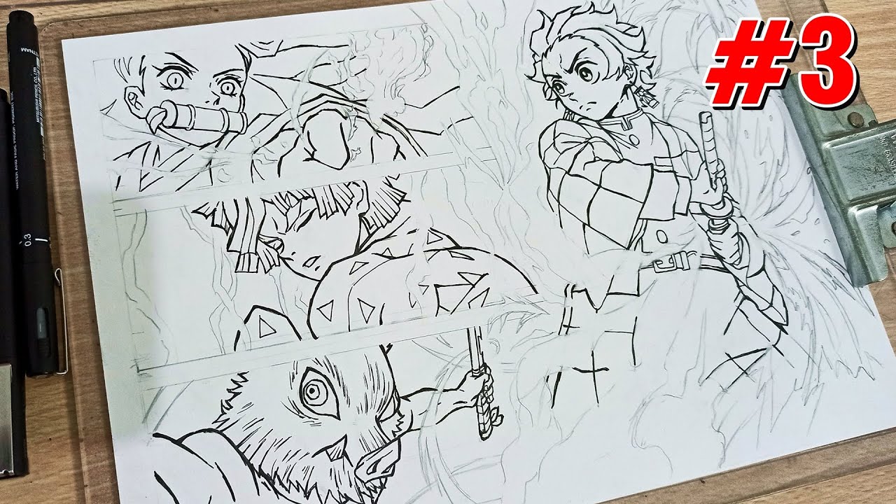 Demon Slayer desenhando Tanjiro, Nezuko, Zenitsu e Inosuke 