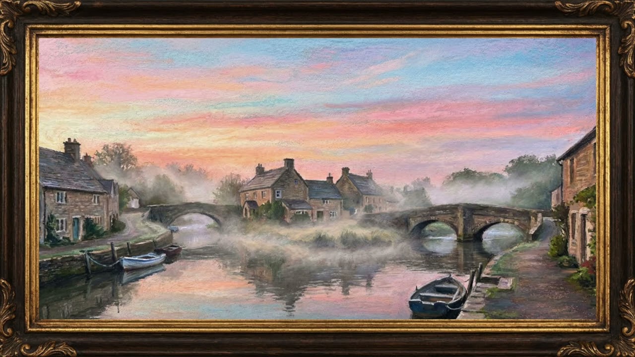 Misty Riverside Dawn | Pastel English Village with Stone Bridges | 4K Framed Countryside Art