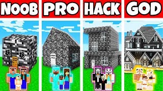 Minecraft: FAMILY BEDROCK HOUSE BUILD CHALLENGE - NOOB vs PRO vs HACKER vs GOD in Minecraft