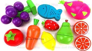 Learn Fruits &amp; Vegetables Names with Wooden Fruit Cutting Playset Toys For Kids Preschoolers