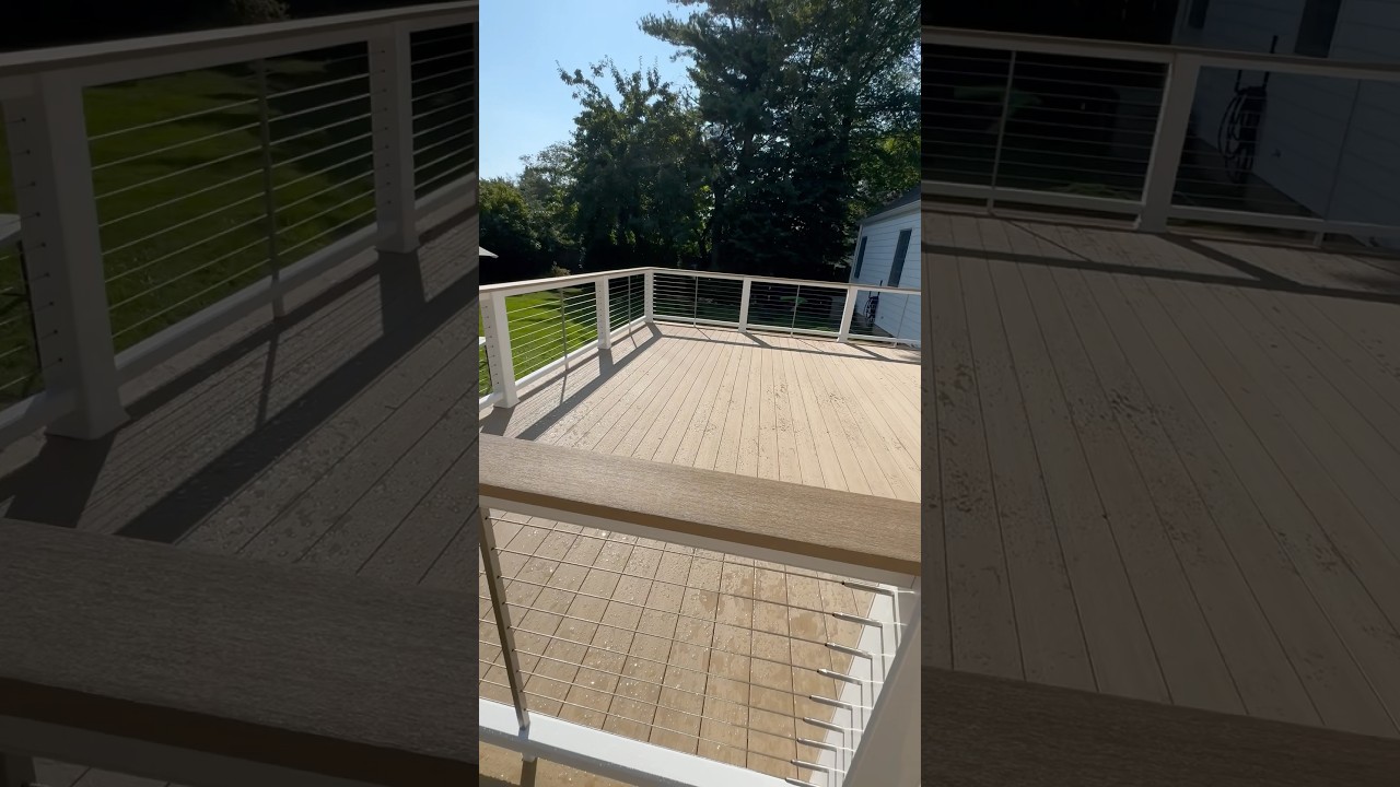 Azek Weathered Teak Deck. Timbertech Radiance Cable Railing 