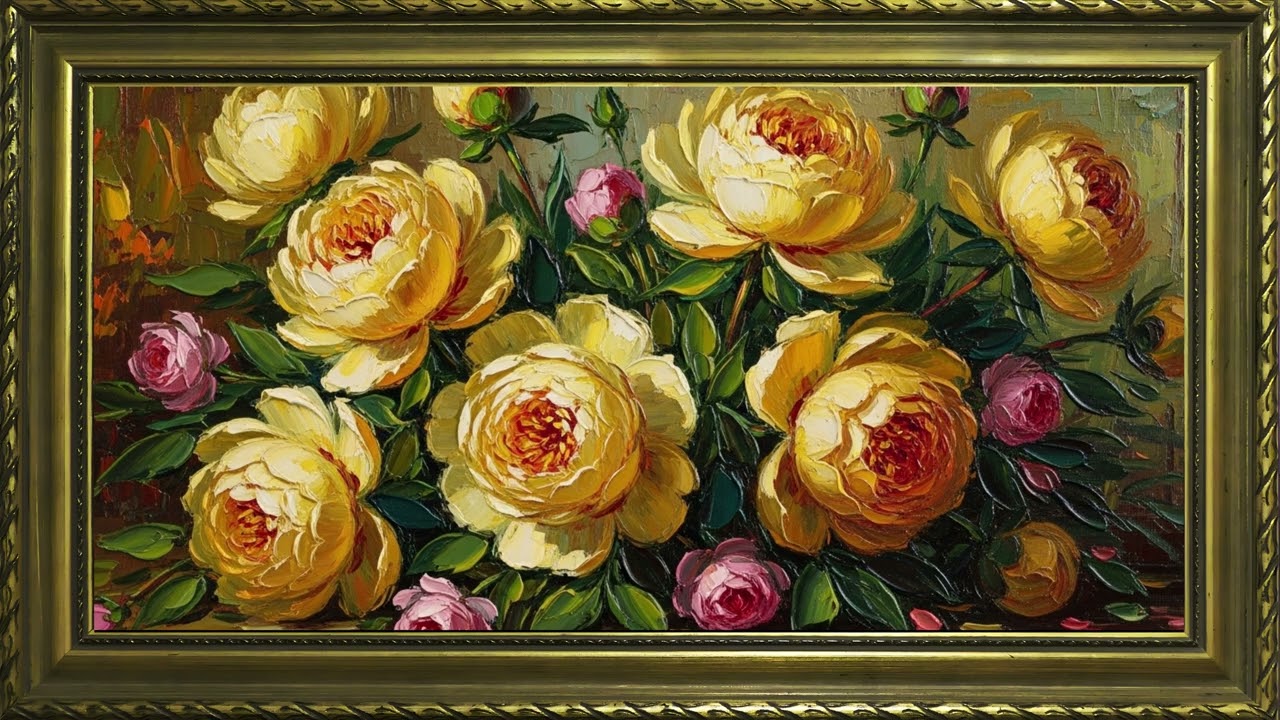 Antique floral oil painting featuring yellow peonies  | Landscape Screensaver 4K Resolution
