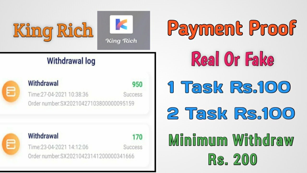🤑King Rich Payment Proof !😍 New Task complete Eraning money  app !