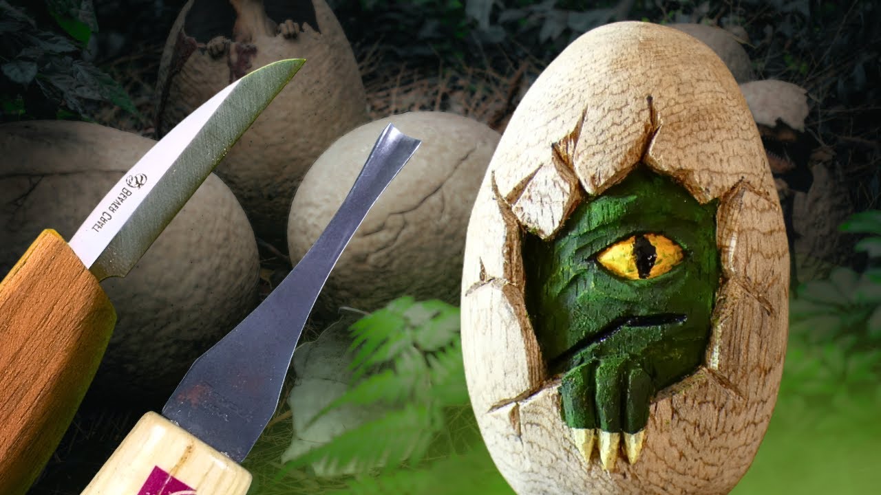 Learn to sculpt a dinosaur in a carved wooden egg using knives and ...