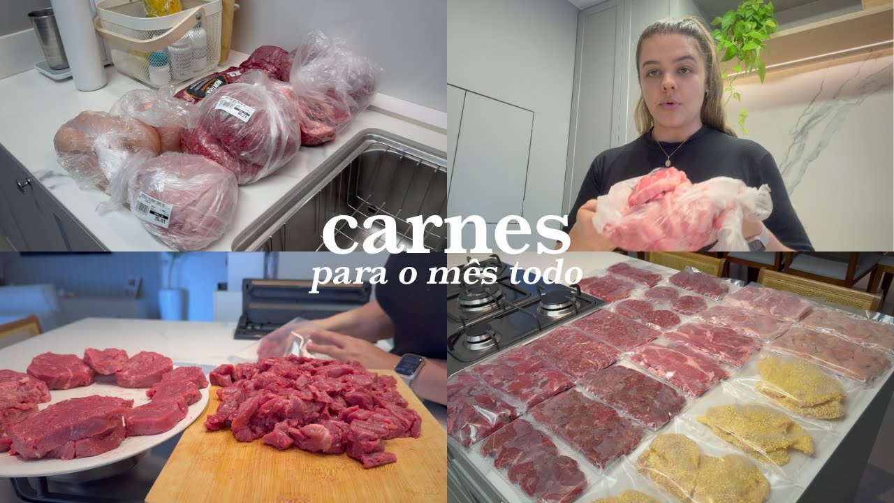 Organizando as carnes para mês, limpando, cortando e embalando tudo para congelar.