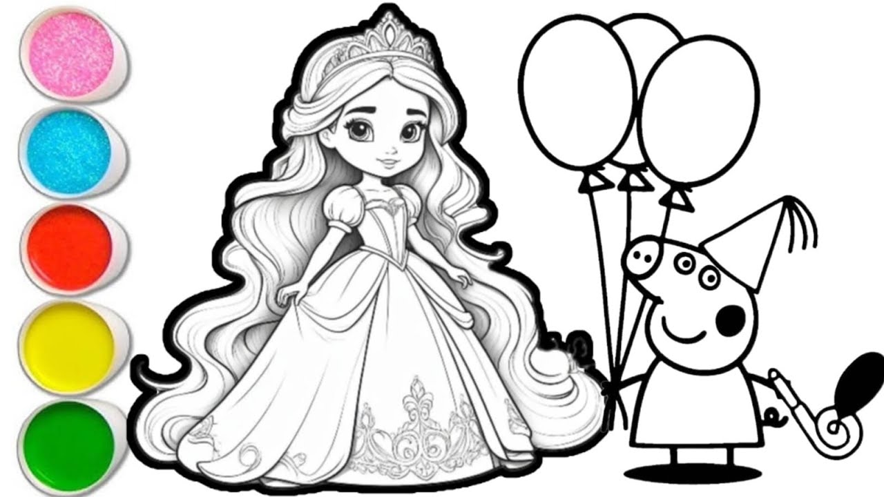 Drawing Princess Papi Peppa pig with princess drawing and coloring for kids and toddlers ...