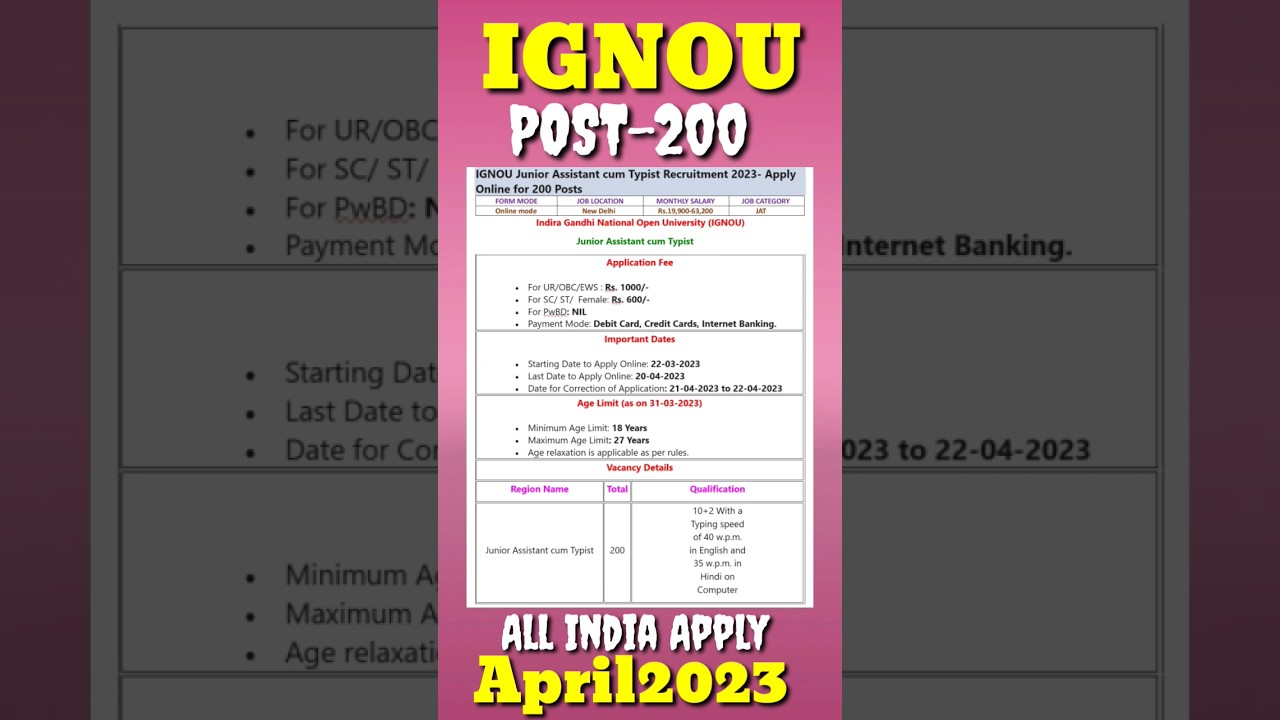 IGNOU Junior Assistant cum Typist Recruitment 2023- Apply Online for 200 Posts