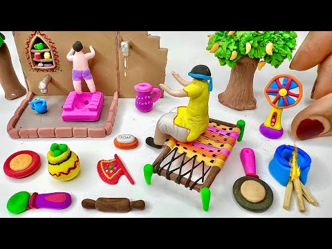 DIY How to make polymer clay miniature Village House, Washroom Set, Kitchen Set, Tree, Charpai