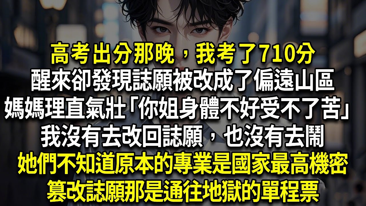 高考出分那晚，我考了710分。醒來卻發現誌願被改成了偏遠山區。媽媽理直氣壯：「你姐身體不好受不了苦！」我沒有去改回誌願，也沒有去鬧。她們不知道原本的專業是國家最高機密。篡改誌願那是通往地獄的單程票