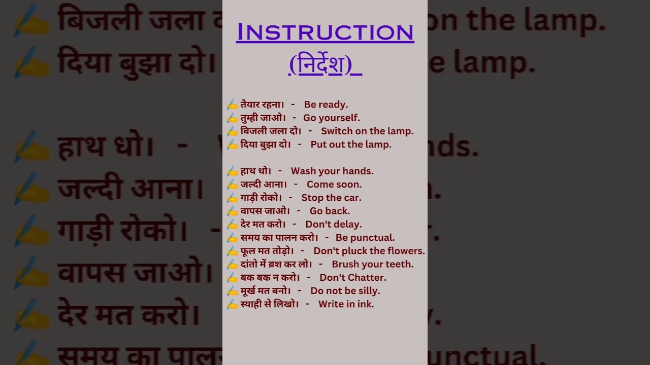 Instruction ( निर्देश )।। word meaning hindi to english