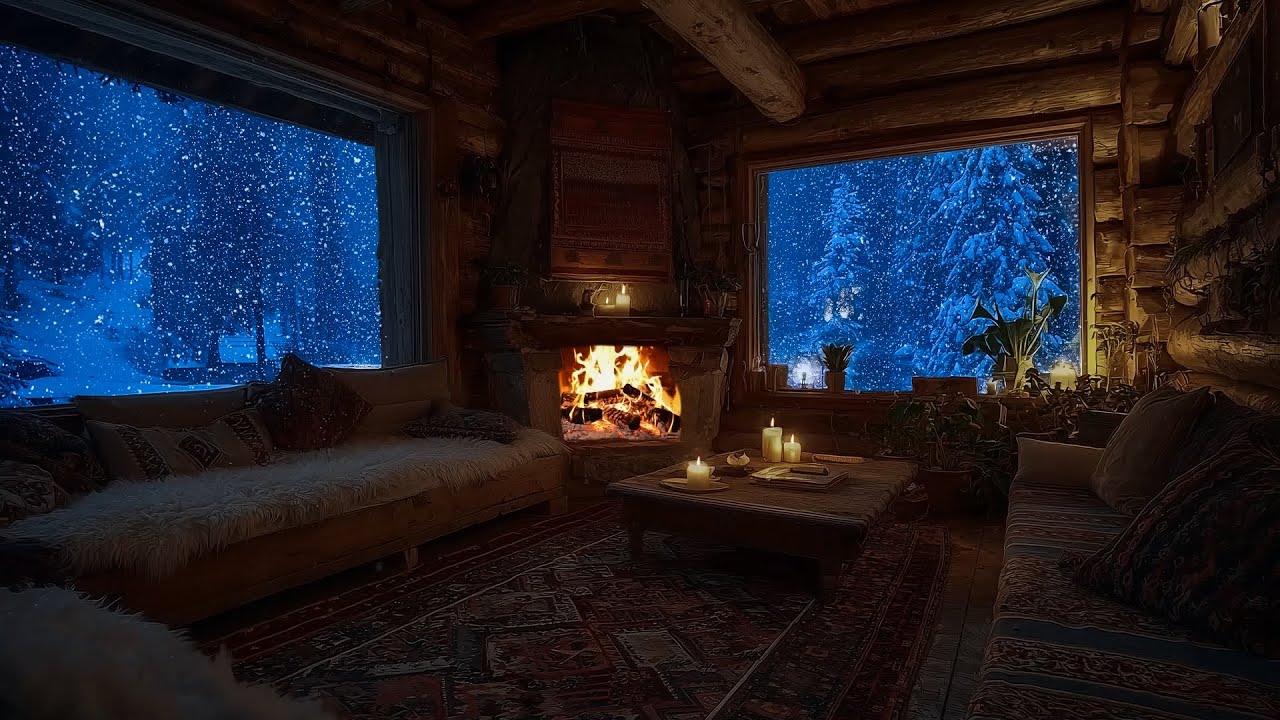 Blizzard Night Outside a Cozy Room ❄️ Fireplace Crackling Sounds for Sleep & Relaxation