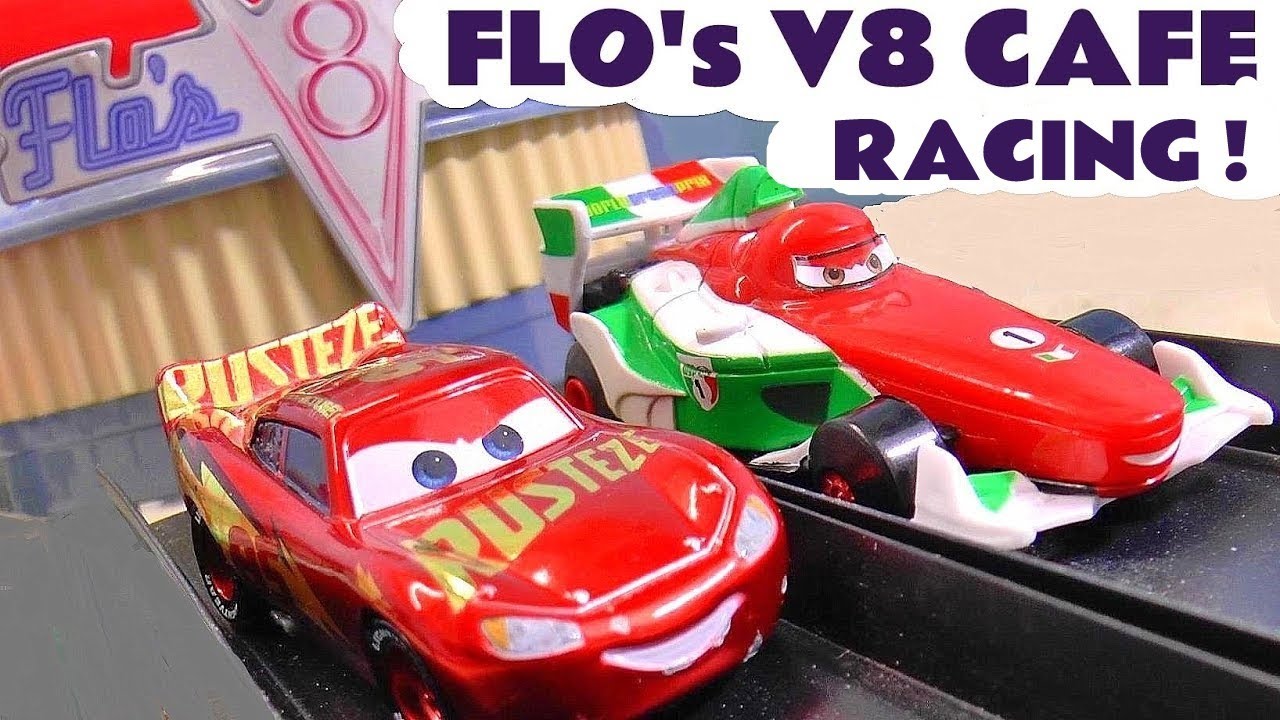 Cars Mcqueen And Funny Funlings Race At Flo S V8 Cafe With Hot Wheels Di Disney Cars Toys Disney Pixar Cars Family Friendly Cars