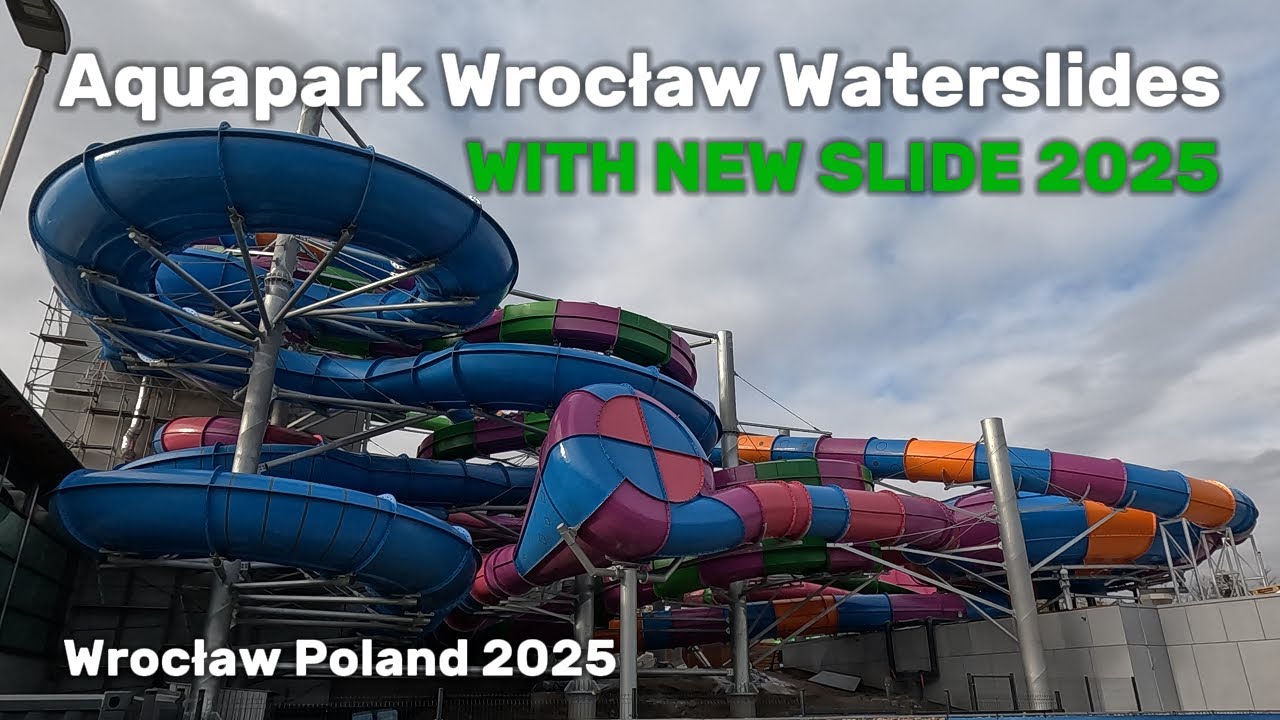 Waterslides in Water Park Aquapark Wrocław Poland, POV 4k video