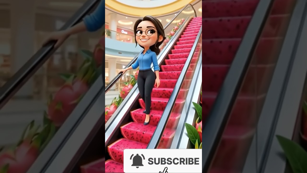 cute cat Riding the fruit shaped escalator 