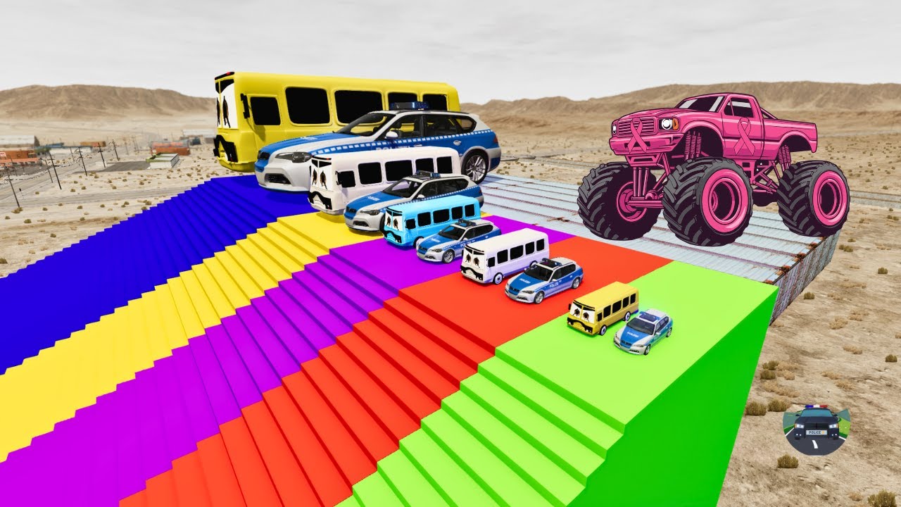 Большие и маленькие полицейские машины и автобусы против цветных лестниц, монстр-трака и гигантск...