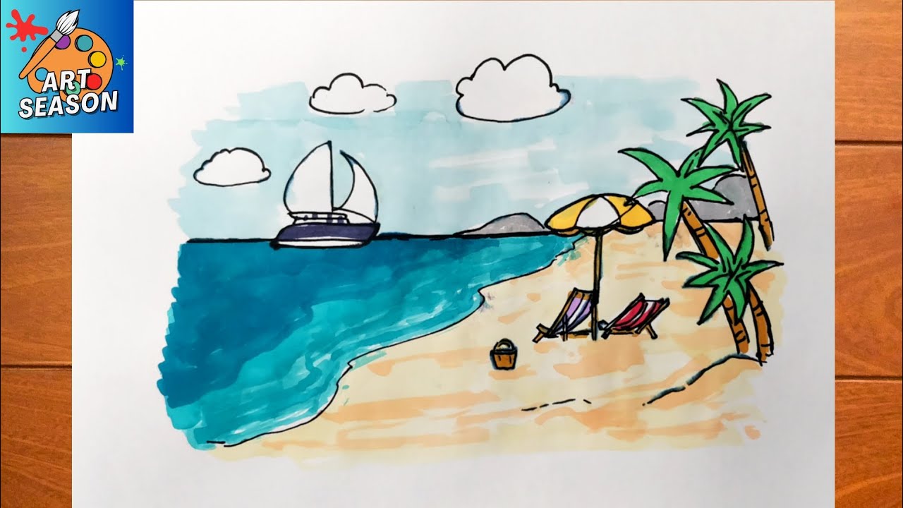 How to Draw a Beach Scenery Step by Step - YouTube
