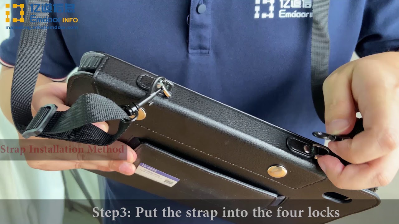 Emdoor Info.10.1 inch rugged tablet PC's shoulder strap installation introduction.