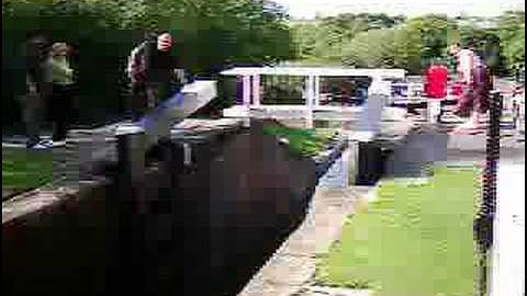 Foxton Locks, Lock Gates Opened And Lady Closes Sluice Gate