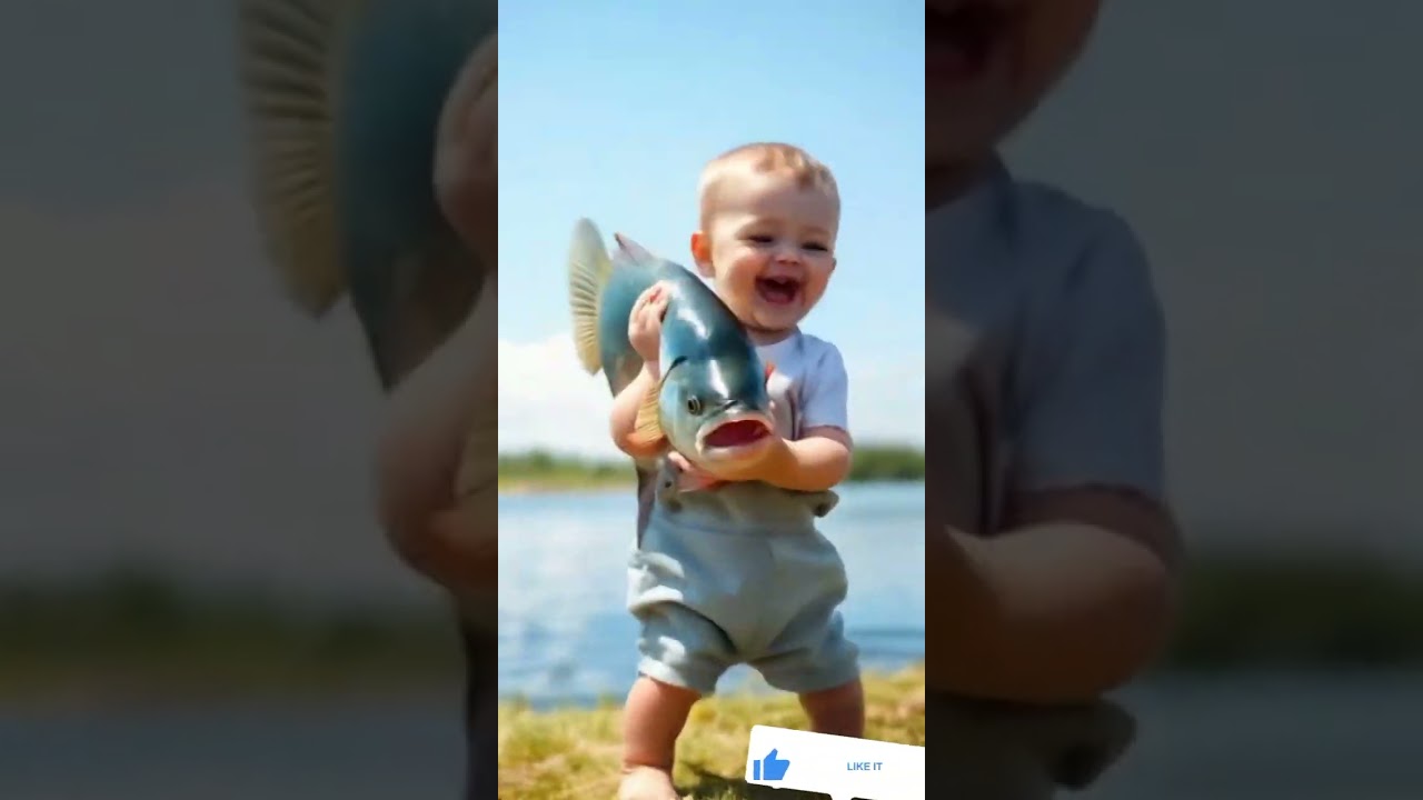 Cute baby playing with fish.