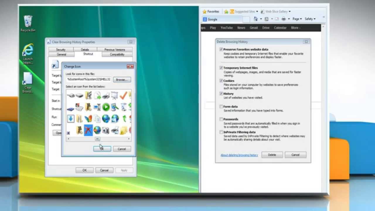 Create desktop shortcut to delete browsing history from internet