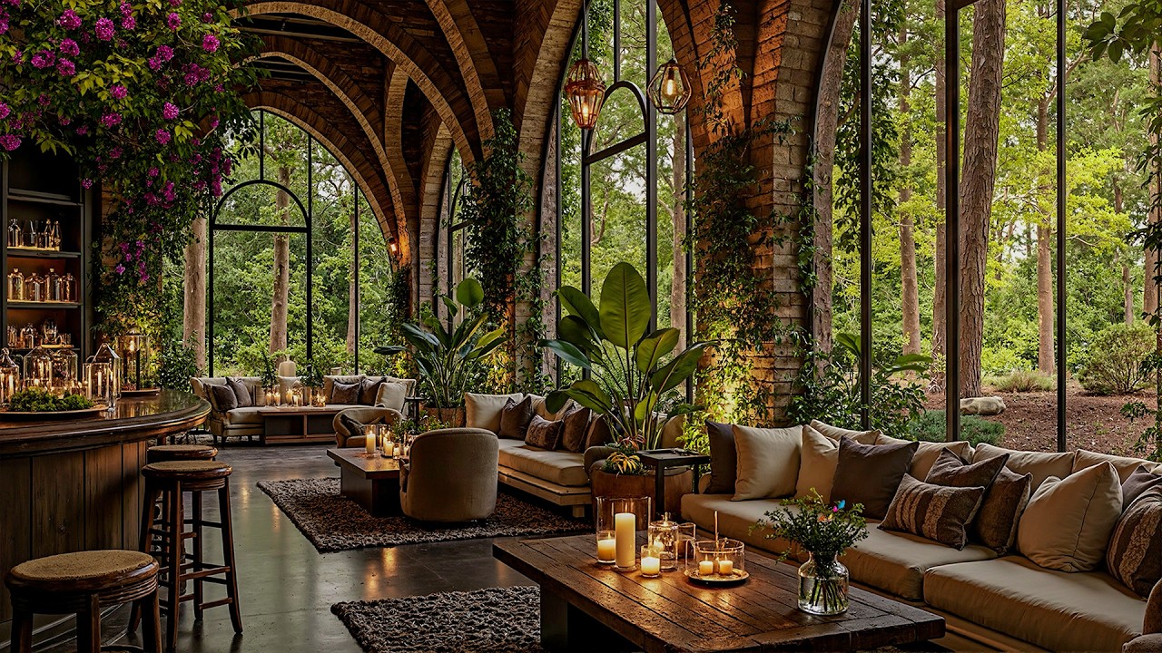 Cozy Cafe in a Relaxing Forest Ambience | Gentle Jazz Music With Natural Therapy for Study, Work