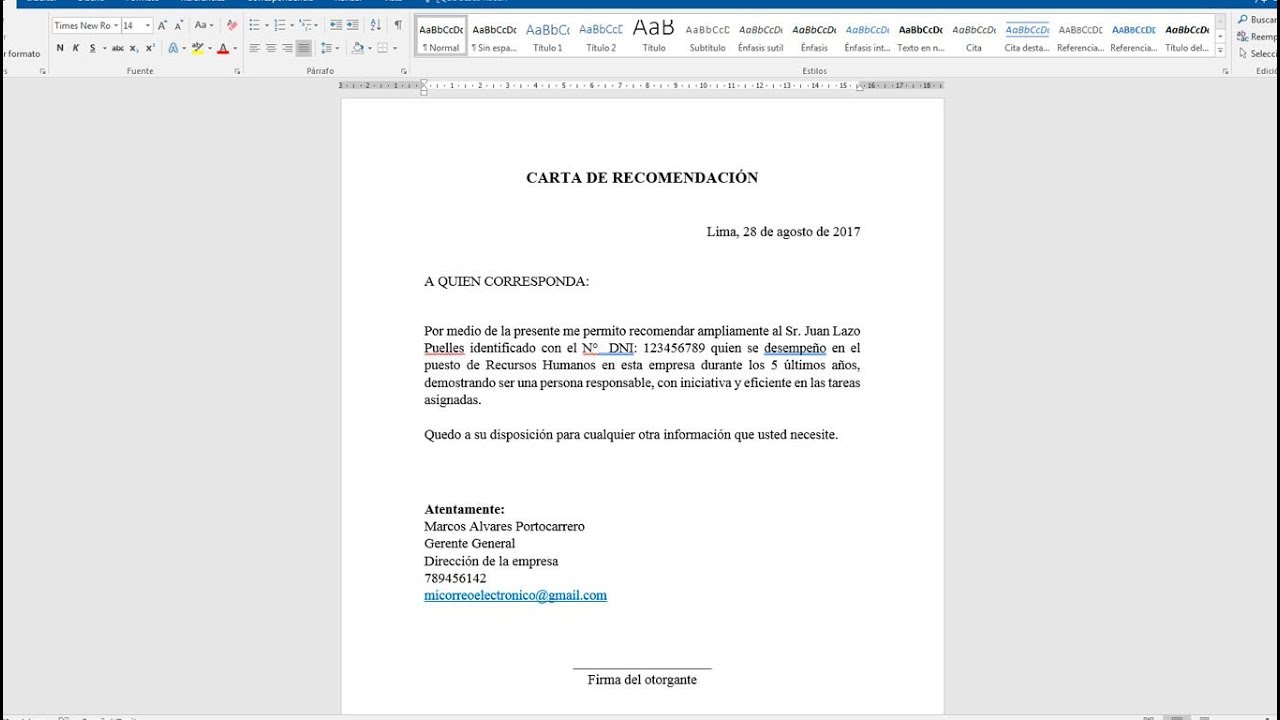 Carta De Recomendacion Word Chile - n Carta De