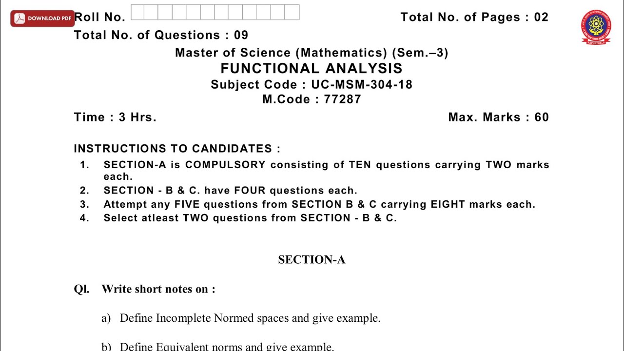 MSC 3RD SEM MATHEMATICS FUNCTIONAL ANALYSIS NOV 2019 | PTU