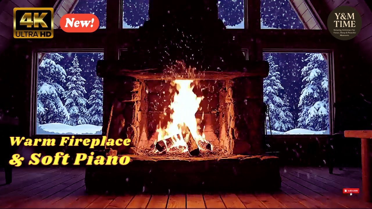 Потрескивание камина и нежная музыка фортепиано: Уютный праздничный вечер под падающий снег.