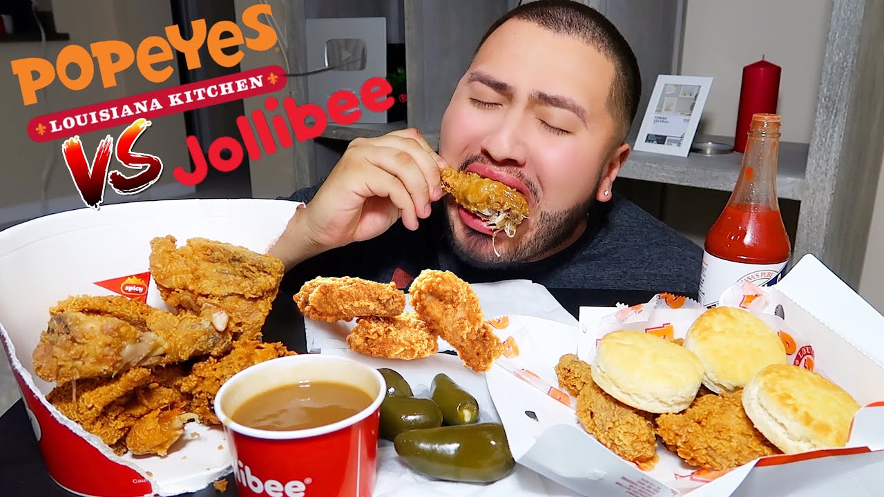 Попайес против Джолиби, мукбанг с жареной курицей