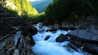 The sound of a river rushing through a lush green valley. 8 hours of river sounds