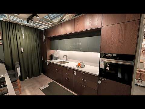 Modern Multi-Front IKEA Kitchen: Brown Oak, Stainless Steel & High-Gloss Green, 4K