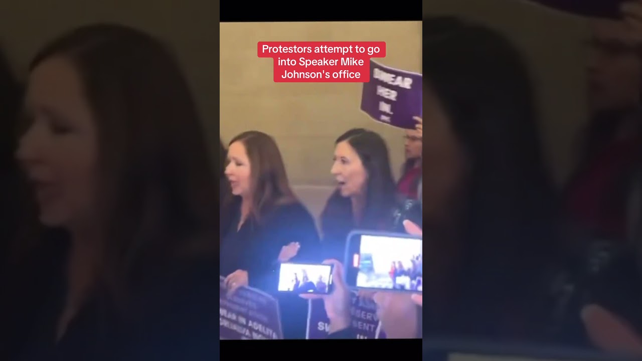 Protestors attempt to go into Speaker Mike Johnson's office 