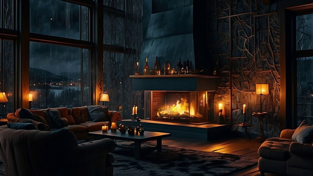 Heavy Rain Outside, Warm Fireplace Inside | Night Ambience for Deep Rest
