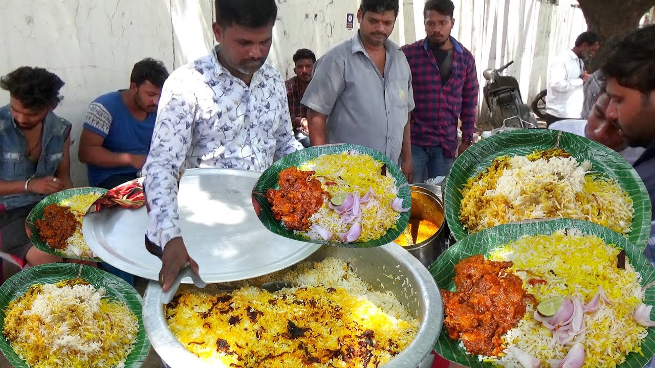 Indian People Enjoying Famous Hyderabadi Chicken Dum Biryani & Non Veg Meals - Hyderabad Street Food | Street Food Catalog