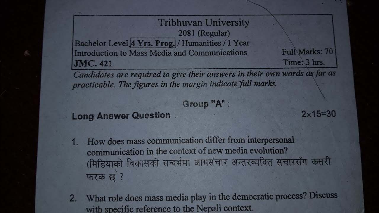 BA 1st Year JMC 421 Question Paper 2081, Introduction to Mass Media and Communication 