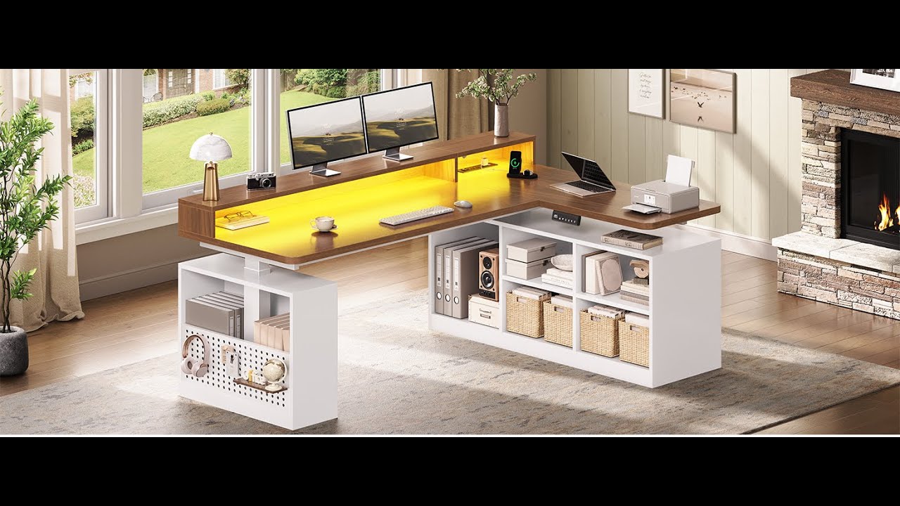 SEDETA 63 Inch Electric Standing Desk L Shaped Height Adjustable Gaming Computer Desk with Shelves