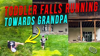 Three Year Old Takes a Run Down the Hill Towards Grandpa and Wipes Out