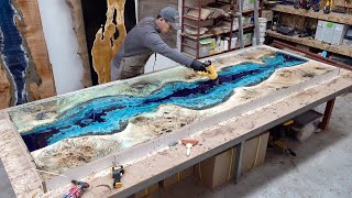 Process of Making Ocean Epoxy Resin Table. Amazing Korean Woodworking Craftsman